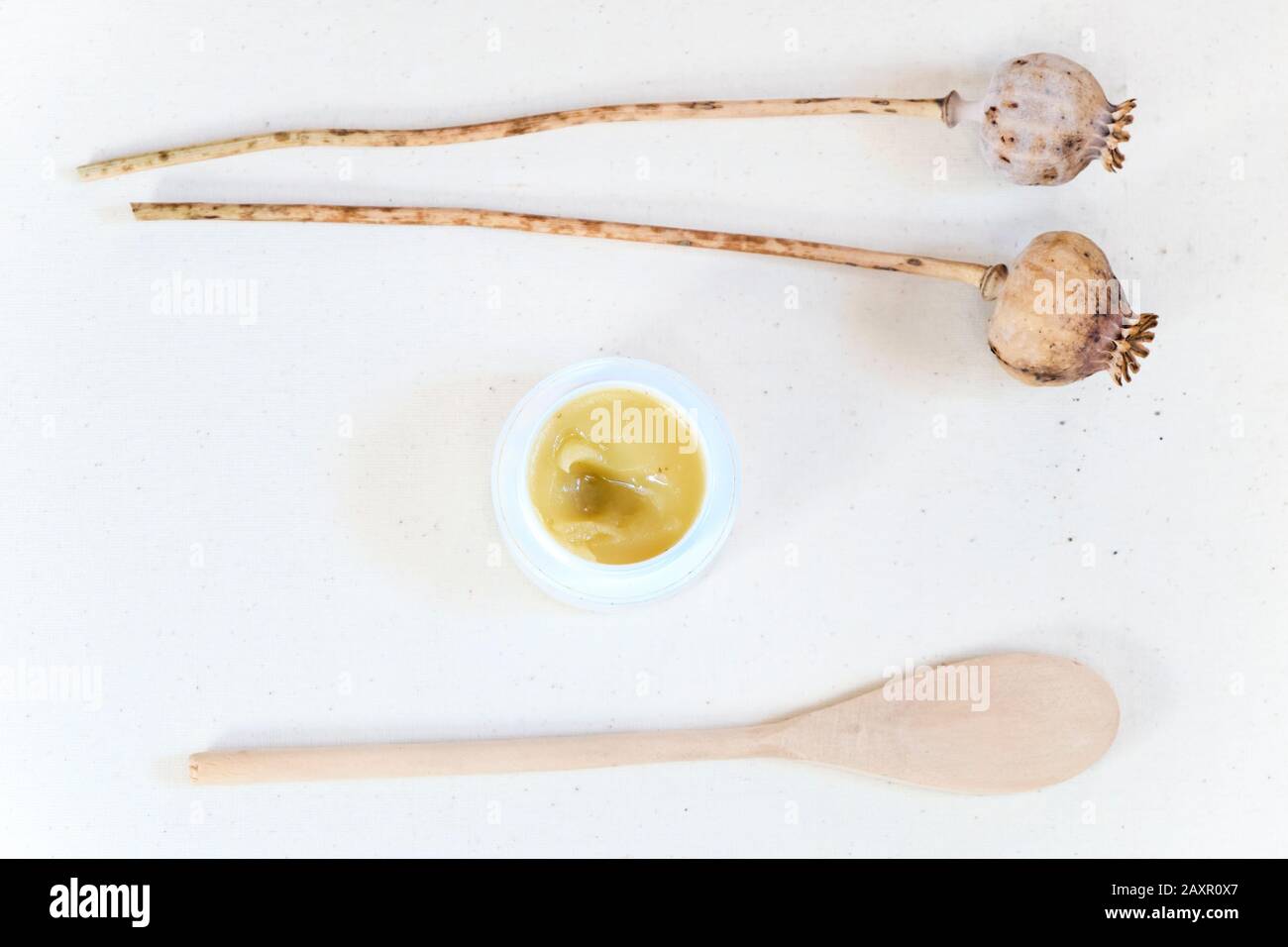 Salve naturelle biologique (baume, crème) avec coquelicots et cuillère en bois Banque D'Images