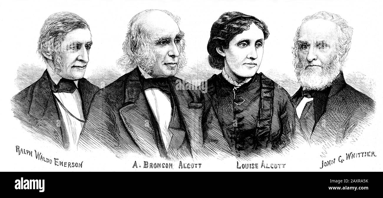 1880, États-Unis : Portrait de l'écrivain et romancier américain LOUISA MAI ALCOTT ( Louise 1832 - 1888 ) avec son père l'éducateur , professeur, écrivain , philosophe, Et réformateur AMOS BRONSON ALCOTT ( 1799 - 1888 ) , poète et défenseur de l'abolition de l'esclavage JOHN Greenleaf WHITTIER ( 1807 - 1892 ) et célèbre philosophe et poète RALPH WALDO EMERSON ( 1803 - 1882 ) . Elle est plus connue pour le roman Little Women ( PICCOLE DONNE ), publié en 1868 . Ce roman est vaguement basé sur ses expériences d'enfance avec ses trois sœurs . Gravure du magazine américain illustré Banque D'Images
