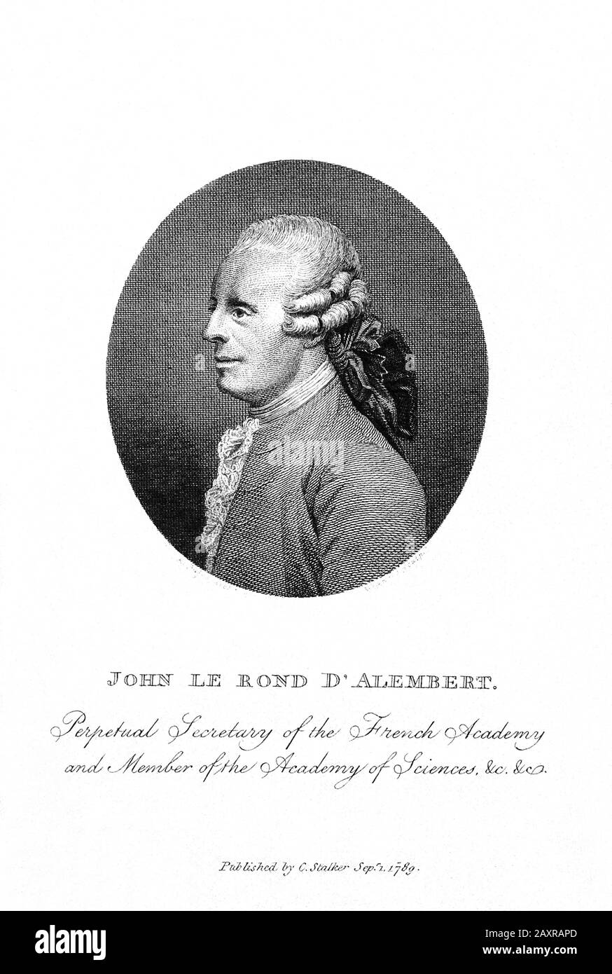 1783 CA , FRANCE : le célèbre mathématicien français , mécaniste , physicien , philosophe et théoricien de la musique JEAN LE ROND d'ALEMBERT ( 1717 – 1783 ) . Portrait gravé en 1789 publié par C. Stalker , Londres . Jusqu'en 1759, il est également co-rédacteur en chef avec Denis Diderot de l'Encyclopédie. - ALEMBERT - ILLUMINISTA - ILLUMINISM - ENCICLOPEDIA - ENCICLOPEDISTA - ILLUMNINISMO - ILLUMINISM - FILOSOFO - FILOSOFIA - PHILOSOPHIE - perrucca - col - coletto - profilo - profil - incisione - gravure - illustratif - illustratif - Dalembert - Archibert - Alembert - Alembert - Alembert - Alembert - Alembert - Alembert - Alembert - Alembert - Alembert - Illetto Banque D'Images