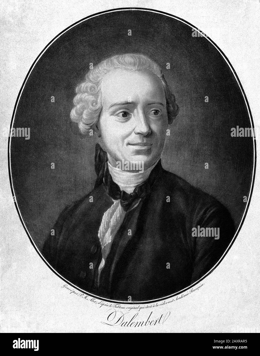 1760 CA , FRANCE : le célèbre mathématicien français , mécaniste , physicien , philosophe et théoricien de la musique JEAN LE ROND d'ALEMBERT ( 1717 – 1783 ) . Portrait mezzotint de P.M. Alix Stipule après le portrait original de Quentin de la Tour . Jusqu'en 1759, il est également co-rédacteur en chef avec Denis Diderot de l'Encyclopédie. - ALEMBERT - ILLUMINISTA - ENCICLOPEDIA - ENCICLOPEDISTA - ILLUMNINISMO - ILLUMINISM - FILOSOFO - FILOSOFIA - PHILOSOPHIE - perruque - parrucca - col - coletto - incesione - gravure - portrait - ritratto -- Archivio GBB Banque D'Images