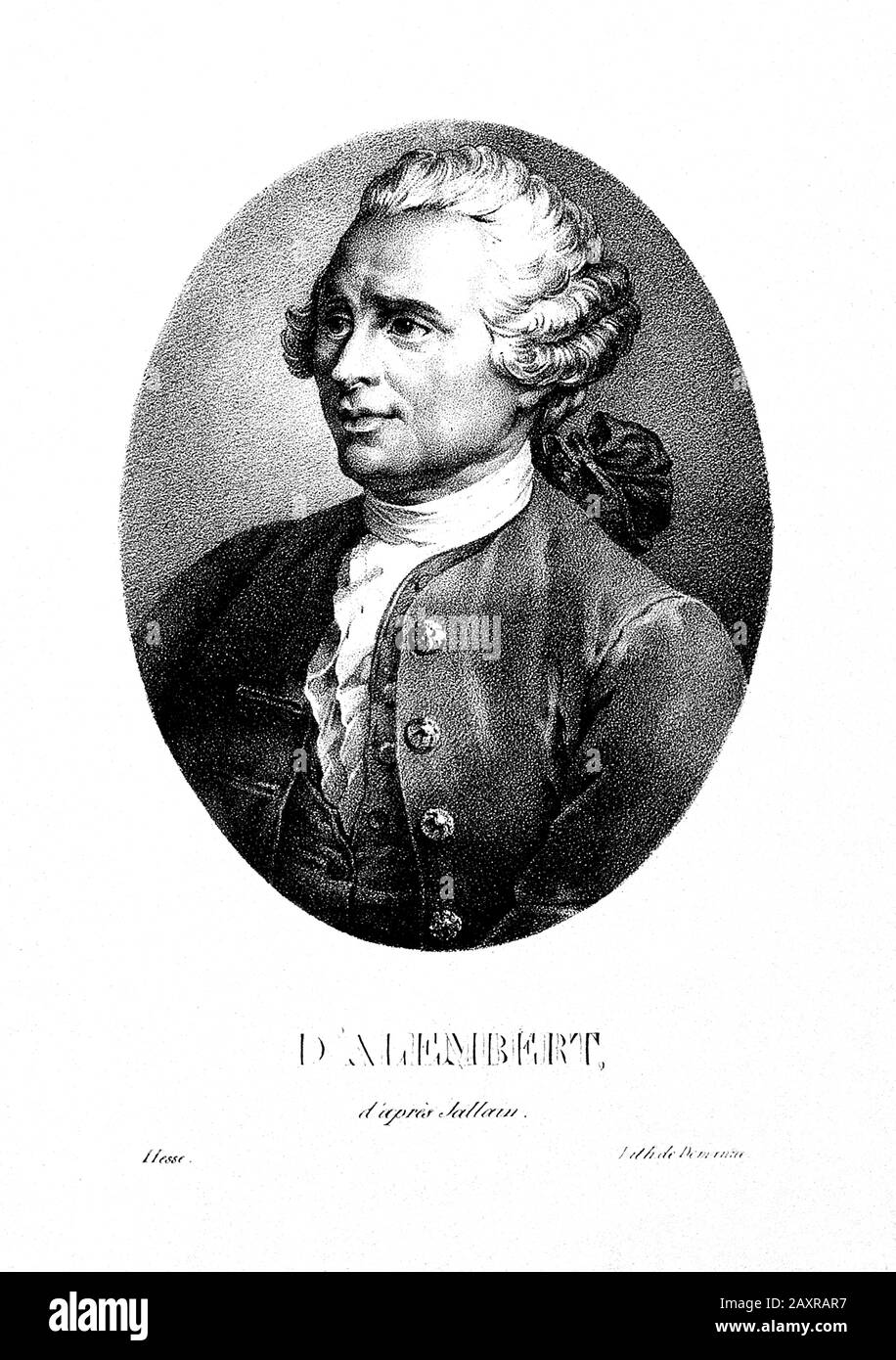 1760 CA , FRANCE : le célèbre mathématicien français , mécaniste , physicien , philosophe et théoricien de la musique JEAN LE ROND d'ALEMBERT ( 1717 – 1783 ) . Portrait du XIX siècle par la lithographe Hesse après Jallain . Jusqu'en 1759, il est également co-rédacteur en chef avec Denis Diderot de l'Encyclopédie. - ALEMBERT - ILLUMINISTA - ENCICLOPEDIA - ENCICLOPEDISTA - ILLUMNINISMO - ILLUMINISM - FILOSOFO - FILOSOFIA - PHILOSOPHIE - perruque - parrucca - col - coletto - incesione - gravure - portrait - ritratto -- Archivio GBB Banque D'Images