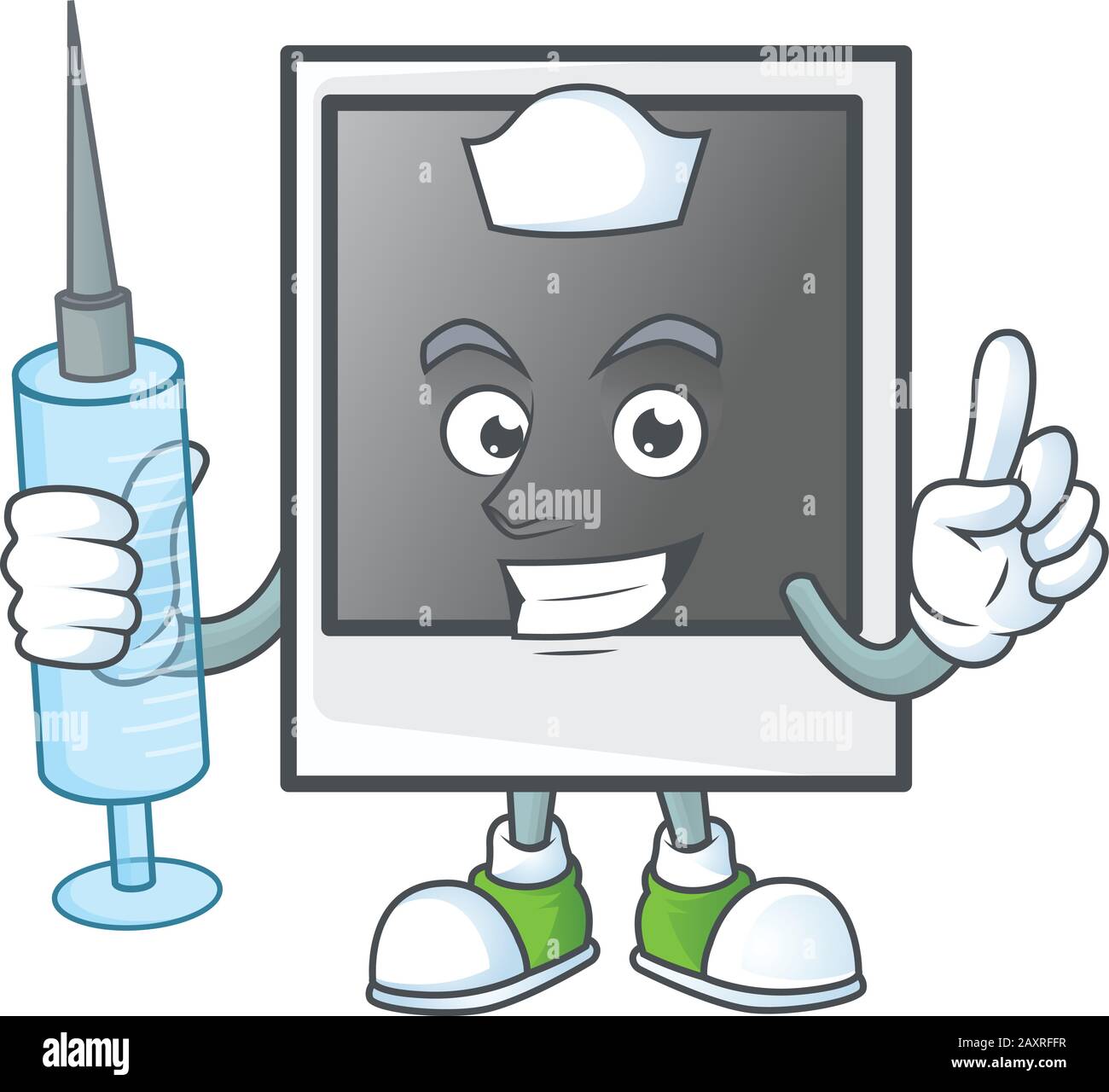 Smiley Nurse vide poloïde photo frame personnage de dessin animé avec une seringue Illustration de Vecteur