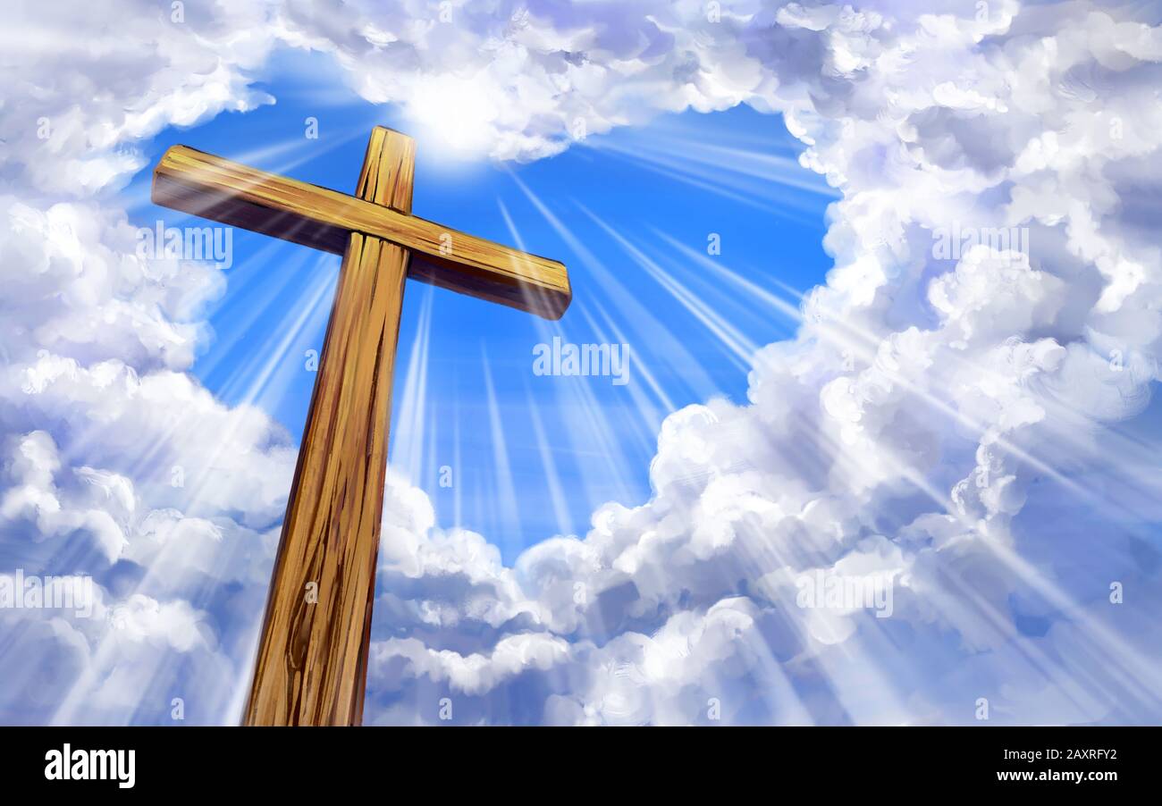 Croix chrétienne sur le fond du ciel avec des nuages en forme de coeur. Sainte pâques. Symbole chrétien de la foi, illustration d'art peinte de l'esprit Banque D'Images