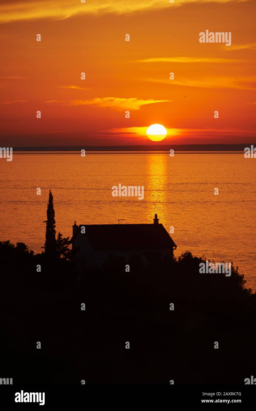 Paysage de la côte à Zaglav, coucher de soleil, Cres, Croatie, Europe Banque D'Images