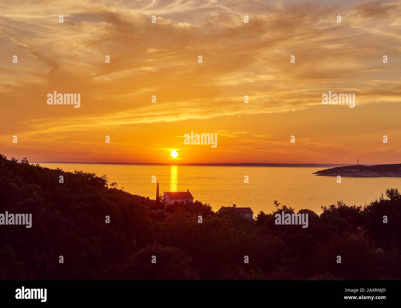 Paysage de la côte près de Zaglav, coucher de soleil, Cres, Croatie, Europe Banque D'Images