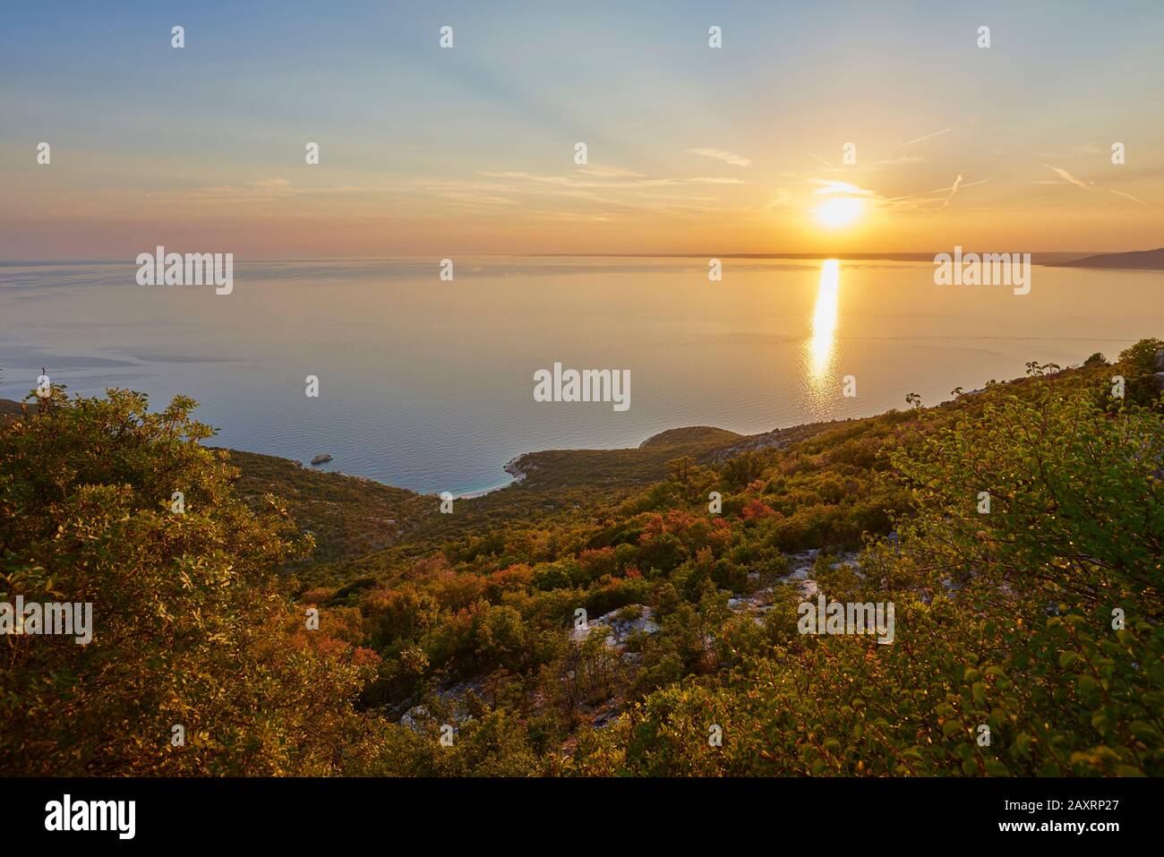 Paysage de la côte à Lubenice, coucher de soleil, Cres, Croatie, Europe Banque D'Images