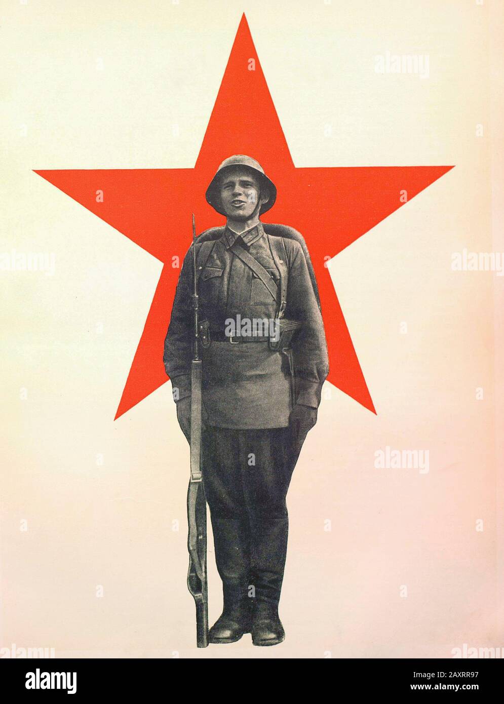 Armée Rouge. Du livre de propagande soviétique de 1937. Sentinelle soviétique sur le fond d'une étoile rouge Banque D'Images