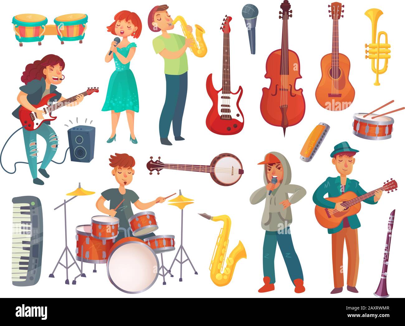 Caricature de jeunes chanteuses féminines et de sexe masculin avec microphones et personnages de musicien avec instruments de musique Illustration de Vecteur