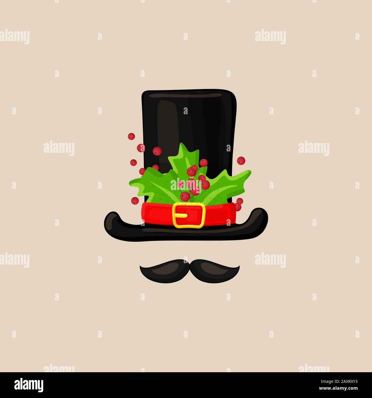 Collection masque de stand photo de Noël. Chapeau de bonhomme de Noël avec feuilles vertes et baies avec moustache, éléments de photo stand pour la fête de noël Illustration de Vecteur