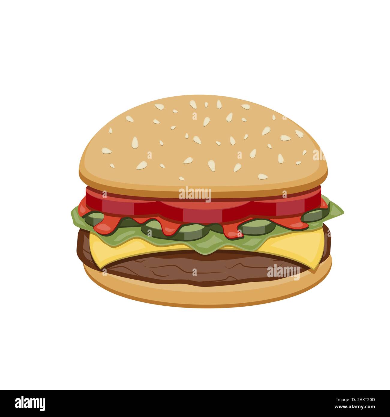 Dessin vectoriel de hamburgers avec fromage, tomates, hache, laitue, concombre sur l'illustration pour concevoir un menu de restauration rapide. Icônes isolées Hamburger. Illustration de Vecteur