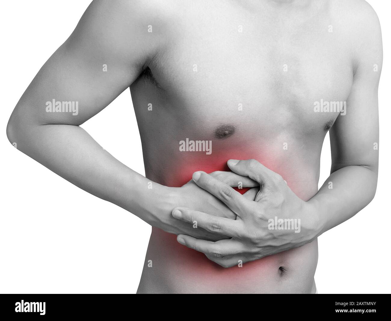 L'estomac de l'homme souffrant de stomachache ou De Gastroentérologue. Concept Avec La Santé Et La Médecine. Douleur en rouge. Isoler sur fond blanc Banque D'Images