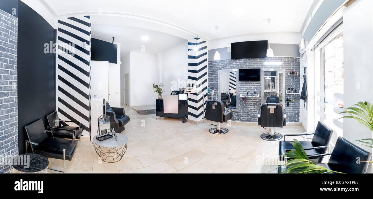 Reception Dans Un Salon De Beaute Avec Bureau Usine Et Bannieres Panorama D Un Salon De Coiffure Salon De Beaute Moderne Lumineux Decoration Interiorblack Et Blanche Avec M Photo Stock Alamy