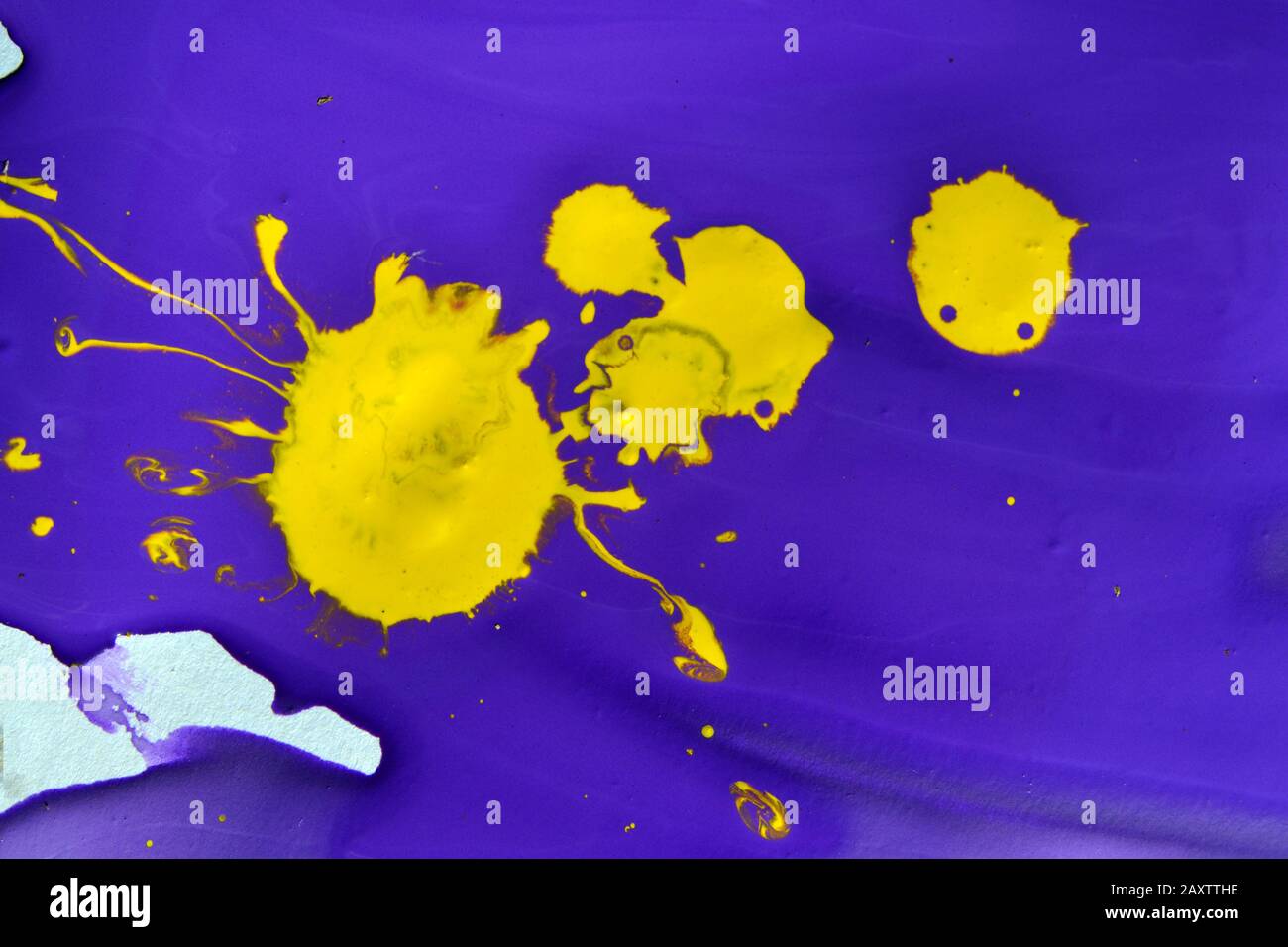 peinture violet gouache et un tache jaune dans le gros plan du milieu. Fond abstrait peinture liquide violette et jaune. Art artistique, art, créativité, Banque D'Images