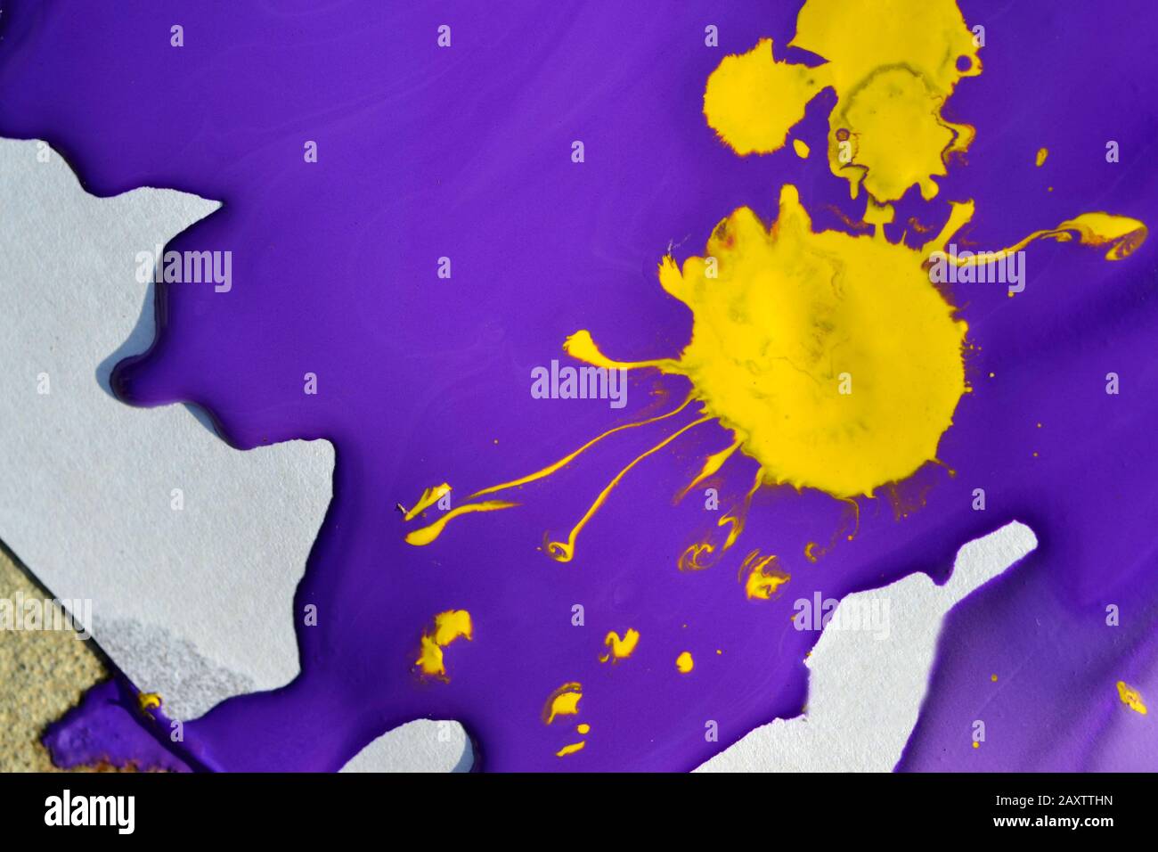 peinture violet gouache et un tache jaune dans le gros plan du milieu. Fond abstrait peinture liquide violette et jaune. Art artistique, art, créativité, Banque D'Images