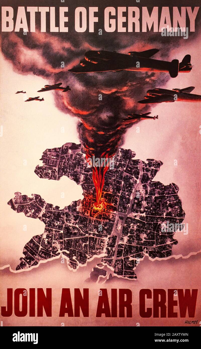 Une affiche de recrutement pour le commandement des bombardiers de la seconde Guerre mondiale illustrant Avro Lancasters lors d'une mission de bombardement sur l'Allemagne. Le bombardier lourd Avro Lancaster a été conçu et fabriqué par Avro comme un contemporain de la Handley Page Halifax, les deux bombardiers ayant été développés selon les mêmes spécifications, ainsi que le Stirling court, Les trois avions étant des bombardiers lourds à quatre moteurs adoptés par la Royal Air Force (RAF) pendant la même période de guerre. Banque D'Images