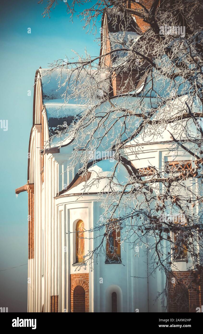 Une partie du temple en hiver avec des branches d'arbres, Filter Banque D'Images