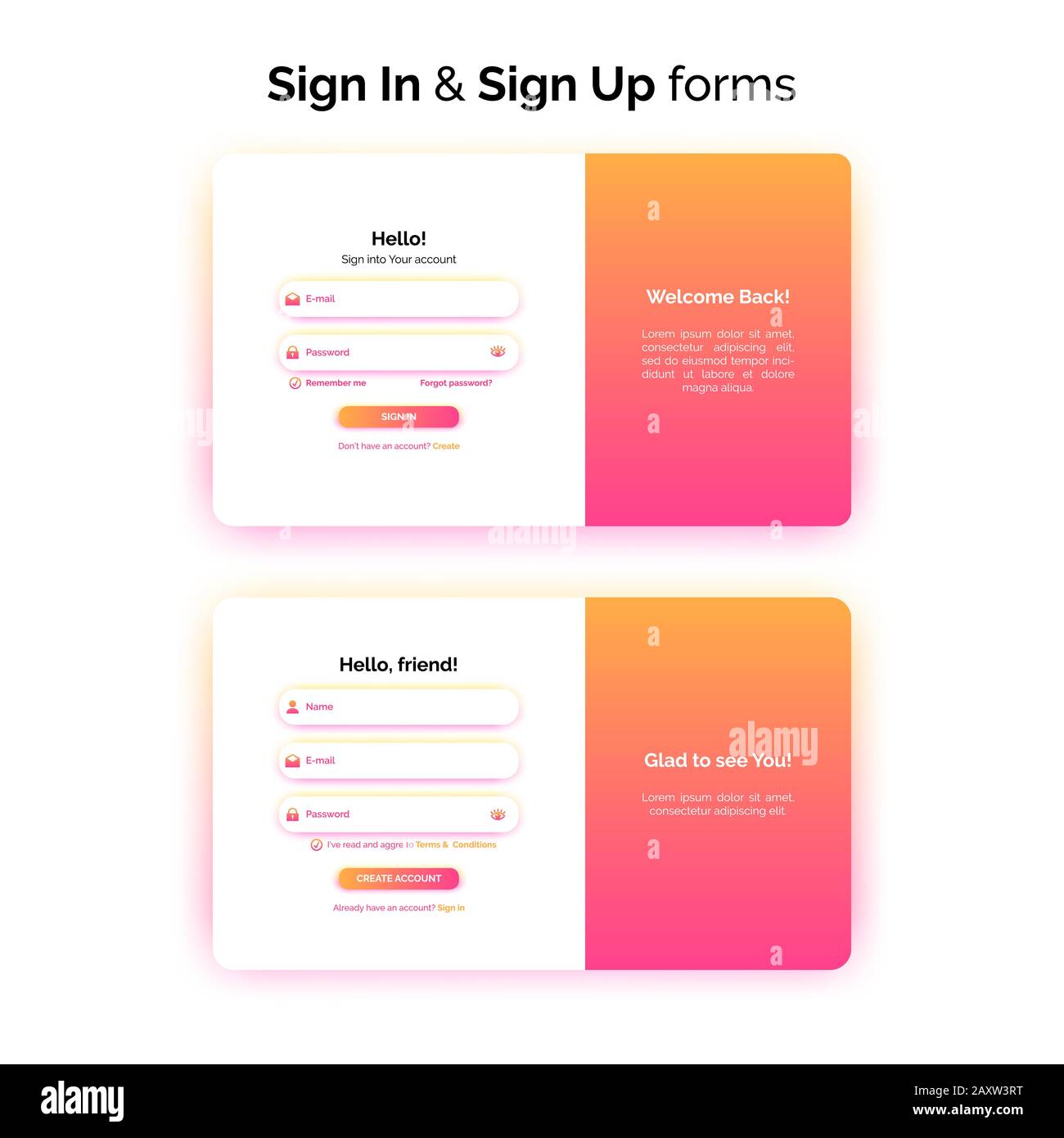 Connectez-vous et inscrivez-vous des formulaires, de la conception Web, de l'enregistrement et de l'interface de connexion avec gradient, illustration vectorielle. Illustration de Vecteur