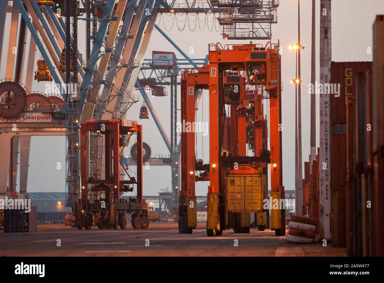 Des dispositifs de transport de conteneurs déplacent les conteneurs autour du terminal portuaire pour le chargement sur et hors navire. Banque D'Images