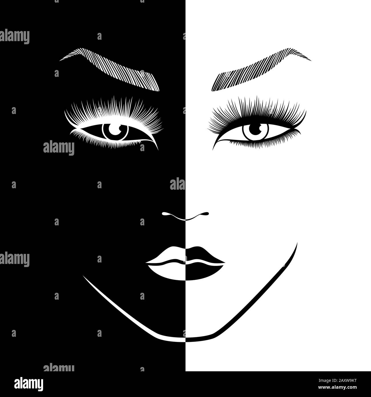 Visage de femme abstraite beau split dans l'espace négatif et positif, noir et blanc, de l'expression conceptuelle dessin illustration Illustration de Vecteur