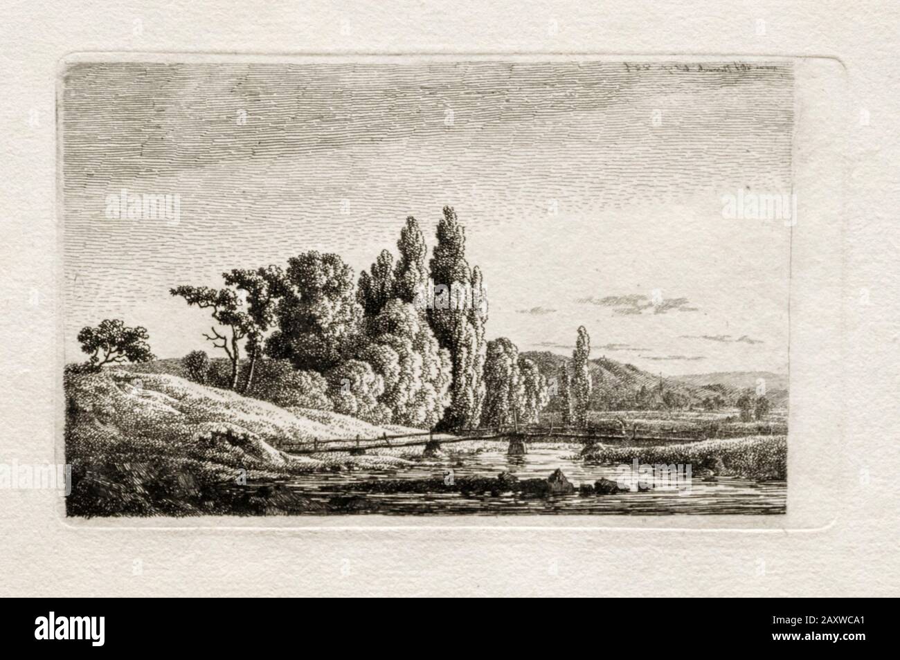 Caspar David Friedrich, Pont à pied avec croix devant Les Arbres à une rivière, gravure, vers 1803 Banque D'Images Caspar David Friedrich, Pont à pied avec croix devant Les Arbres à une rivière, gravure, vers 1803 Banque D'Images