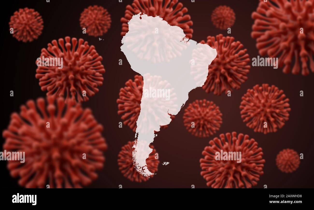 Carte de l'Amérique du Sud sur un fond microbe de virus scientifique. Rendu 3D Banque D'Images