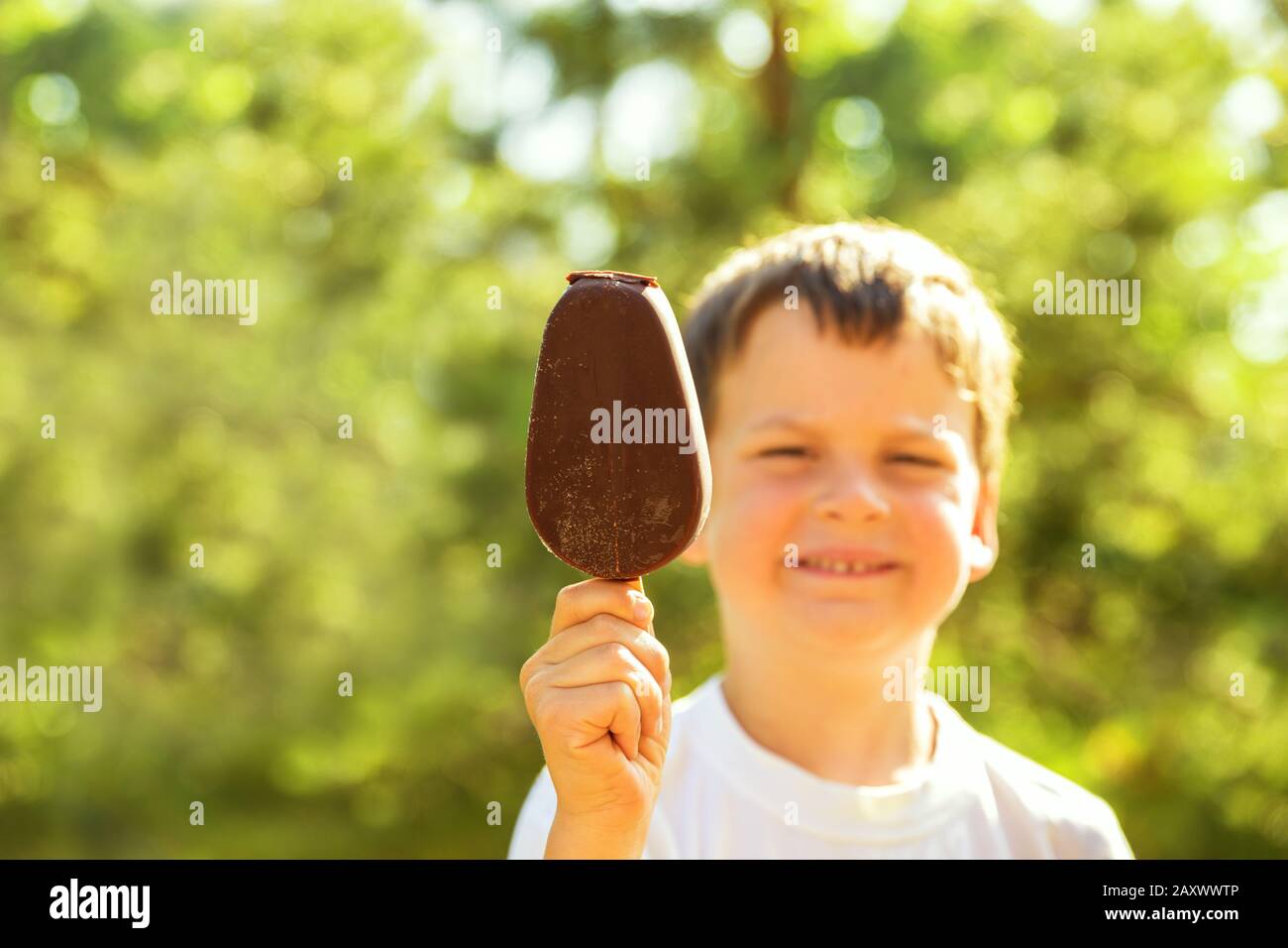 Un garçon souriant et satisfait de 5 ans en été à l'extérieur lors d'une chaude journée ensoleillée tient la popsicle dans le chocolat sur le bâton. Se concentrer sur la glace, le fond et l'enfant bl Banque D'Images