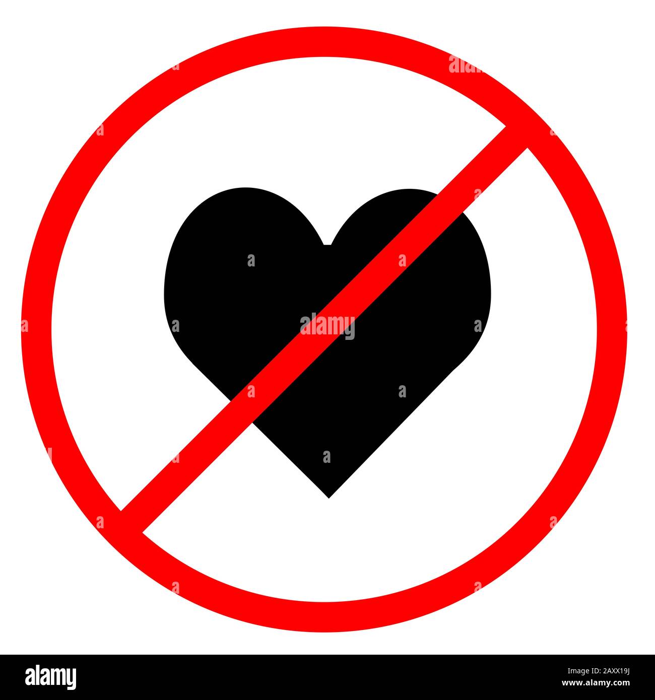 Le symbole du cœur est en cercle rouge Avec une ligne rouge projetée à travers le cercle. Banque D'Images