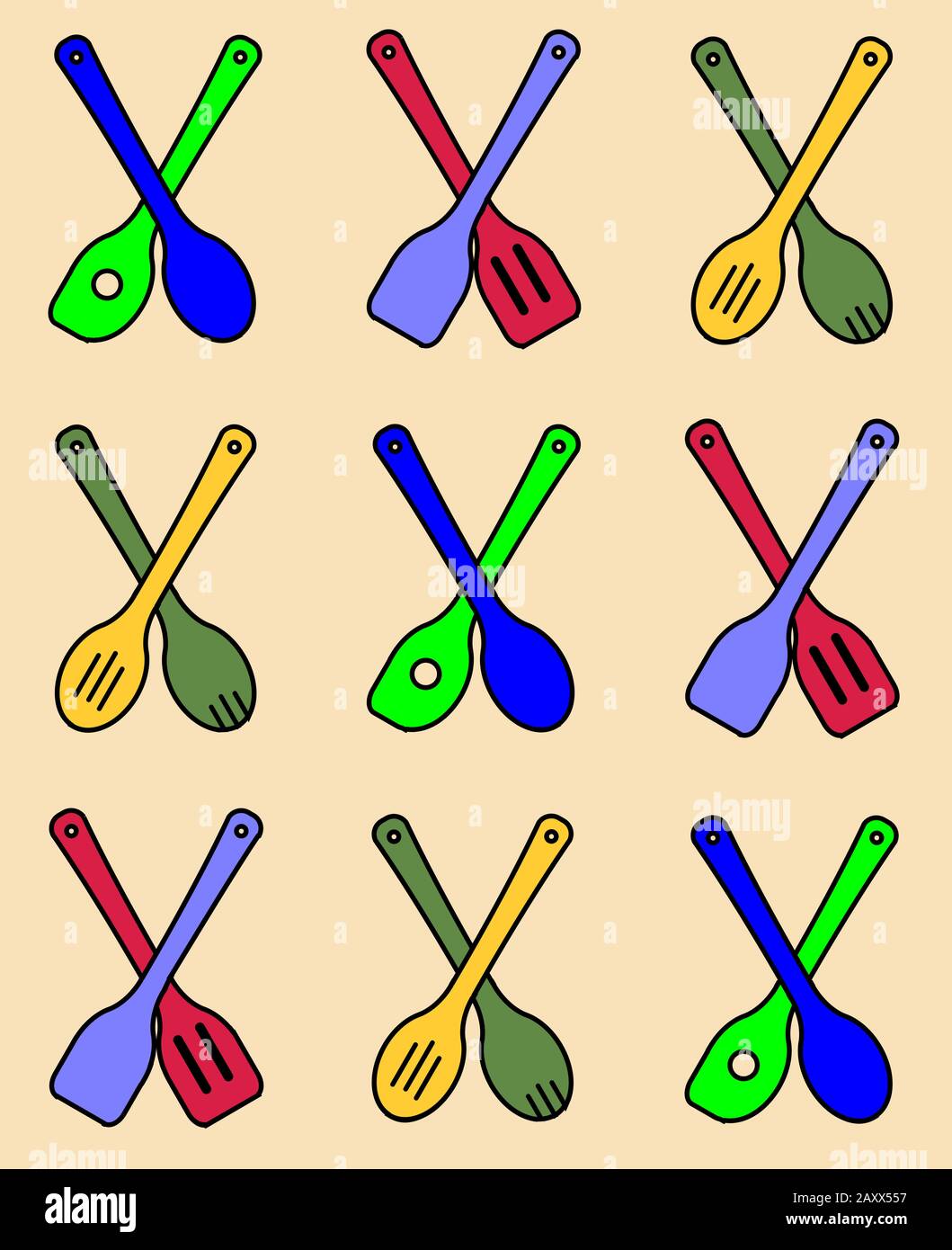 Une collection d'outils de cuisine en bois dans un motif répétitif sans couture sur un fond pâle Illustration de Vecteur