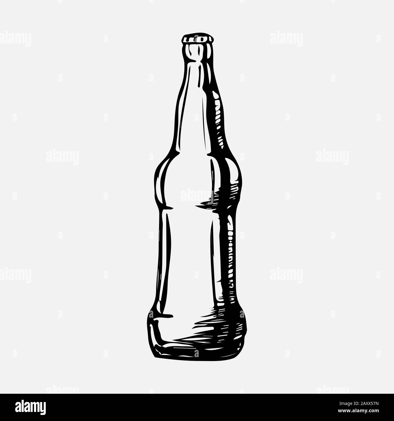 Une bouteille de verre vide dessinée à la main. Illustration de Vecteur