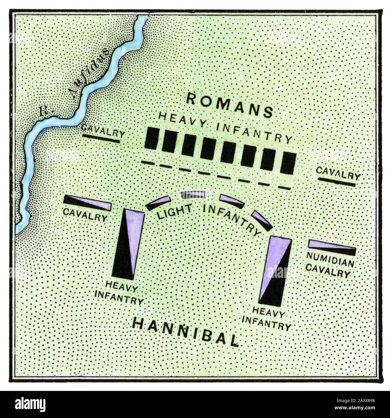 L'armée d'Hannibal face aux Romains, bataille de Cannae, 216 av. J.-C. Coupe de bois de couleur manuelle Banque D'Images