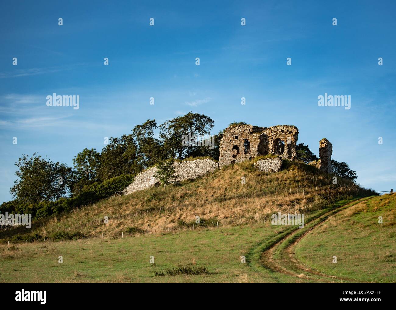 Les ruines du château de Skelbo sur la rive haute à l'embouchure du Loch Fleet Banque D'Images