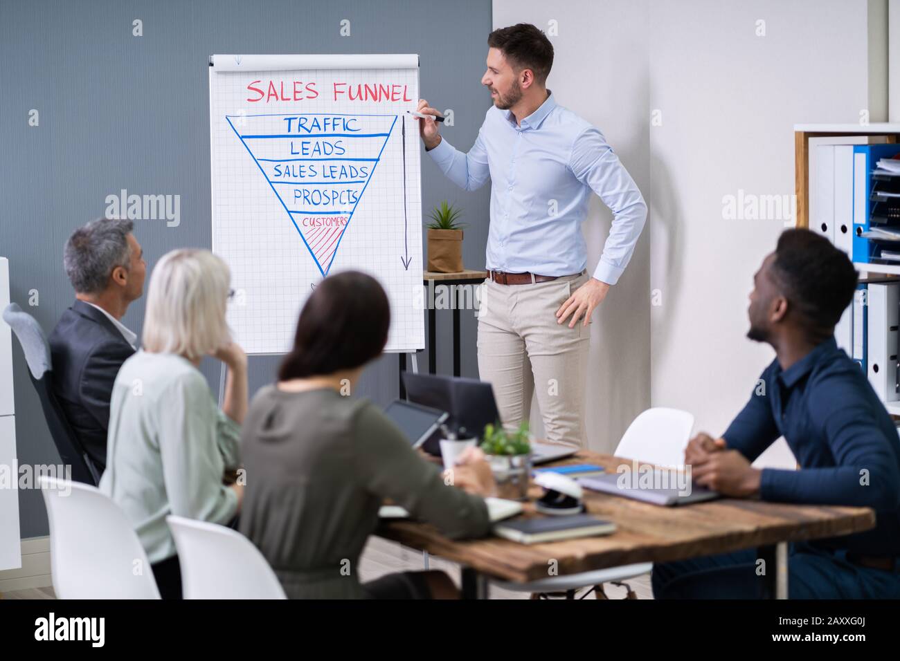 Groupe de Businesspeople Looking At Young Businessman Giving Presentation in Meeting Banque D'Images