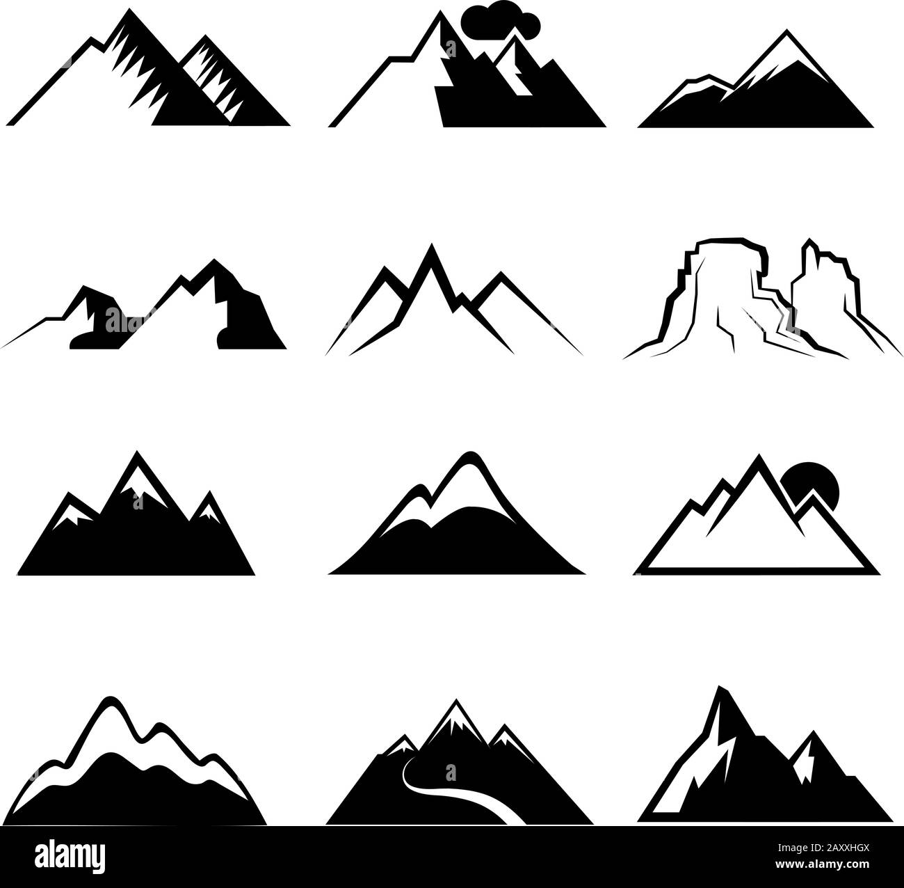 Icônes vectorielles de montagne monochromes. Les panneaux de montagnes enneigées ou les symboles vectoriels des pics de montagnes Illustration de Vecteur