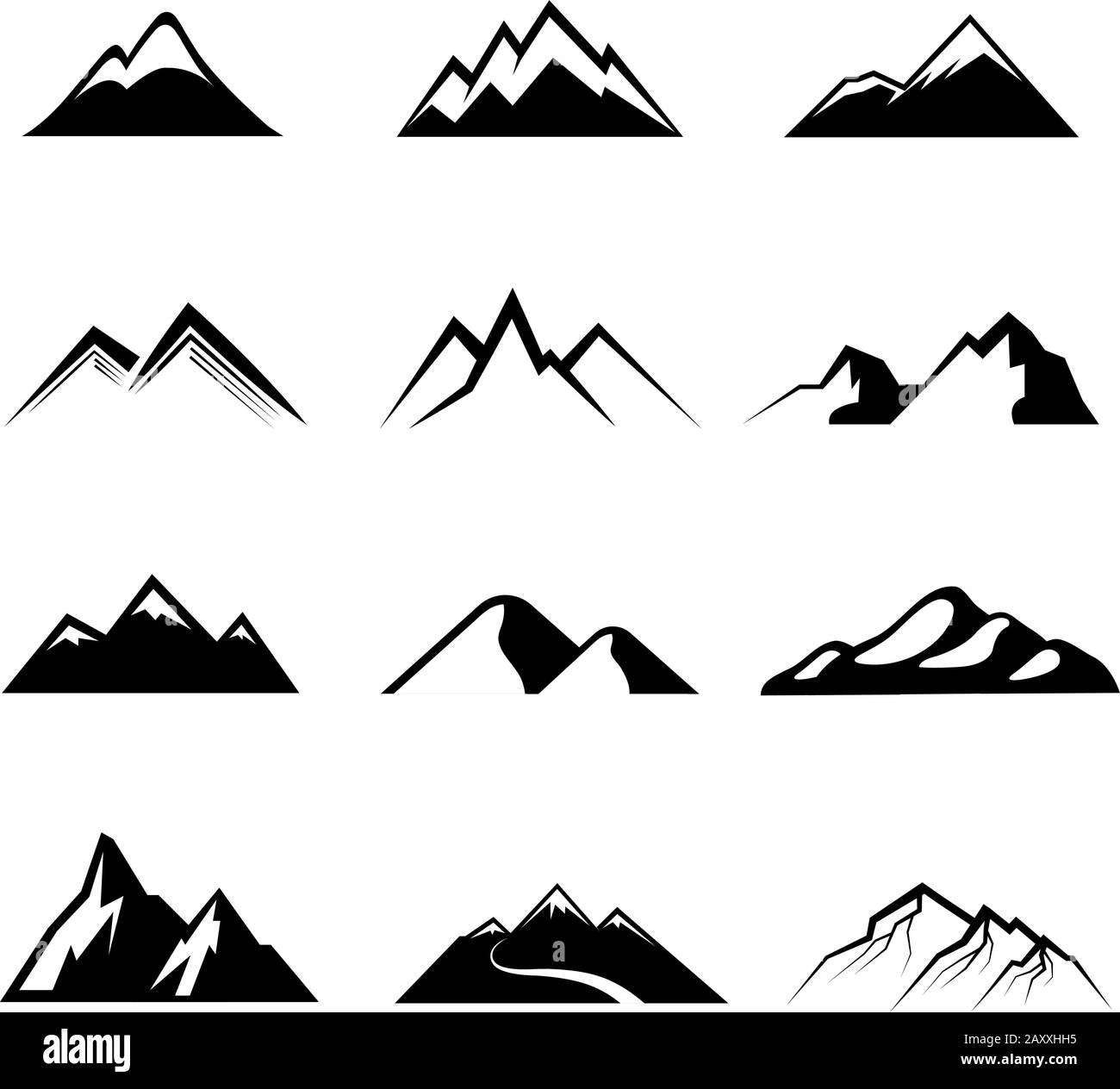Montagnes icônes vectorielles noires. Nature de montagne, montagne extérieure, illustration du pic de montagnes Illustration de Vecteur
