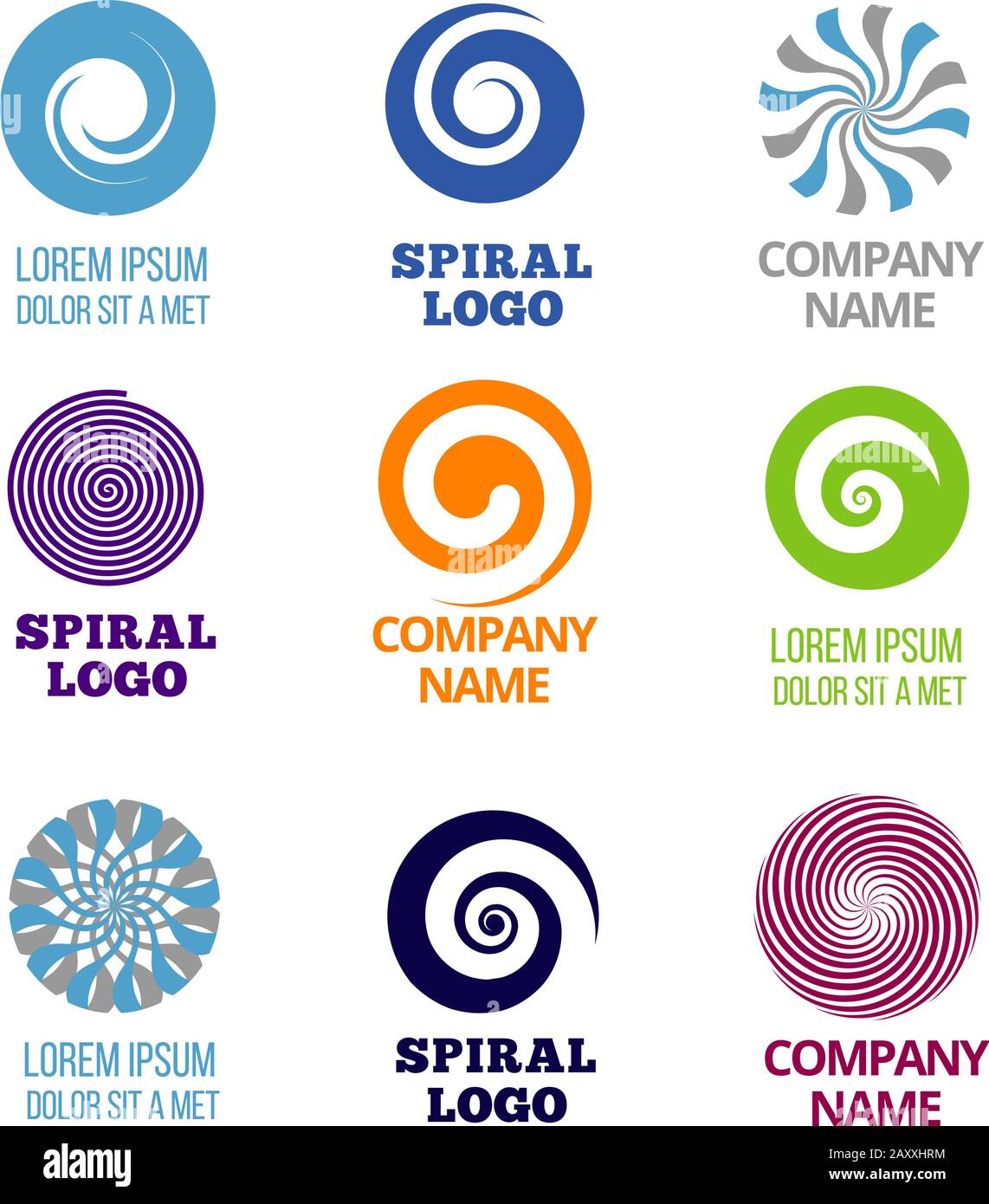 Ensemble vectoriel de logos spirales et spirales. Nom de la société étiquette spirale, logo logo couleur spirale, emblème couleur logo commercial, spirale ou spirale illustration cyclique Illustration de Vecteur