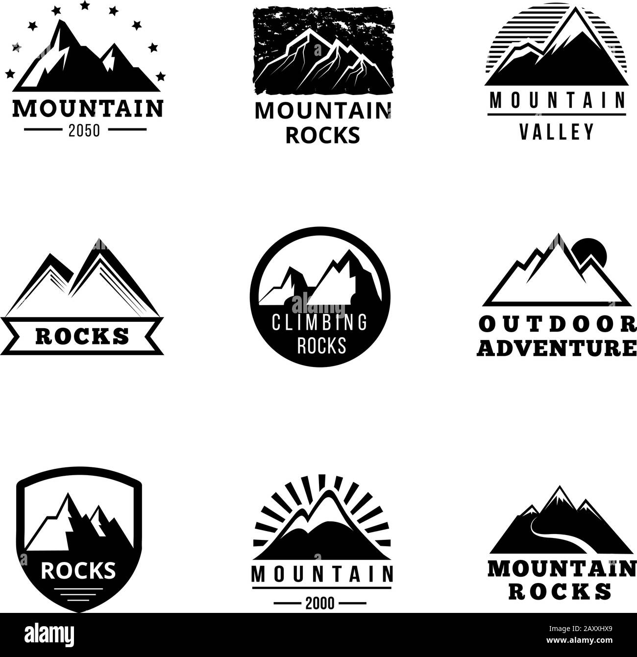 Ensemble vectoriel de logos, badges et emblèmes de montagnes. Aventure en plein air, expédition montagne, badge escalade neige de montagne, pic label de montagne illus Illustration de Vecteur