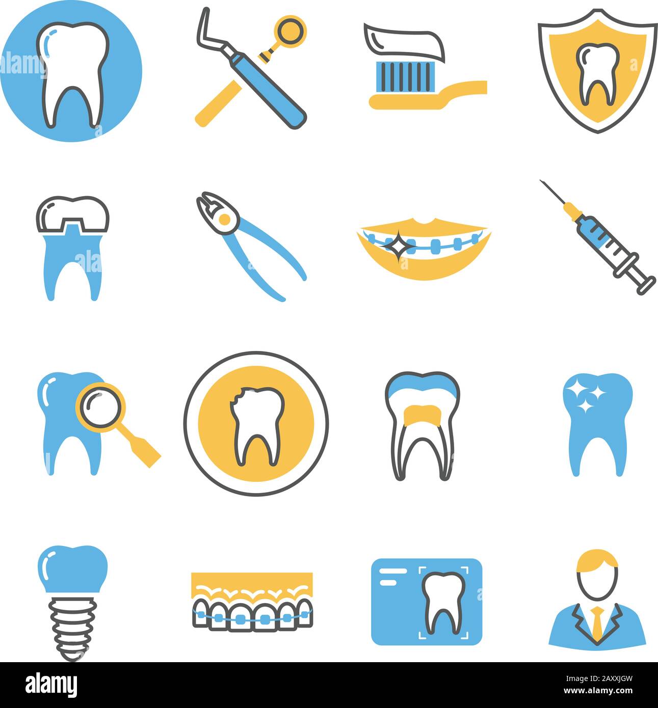 Soins dentaires, services, équipements et produits icônes vectorielles linéaires avec éléments de couleur. Icône dentaire Stomatology, soins dentaires, matériel dentaire illustrateur Illustration de Vecteur