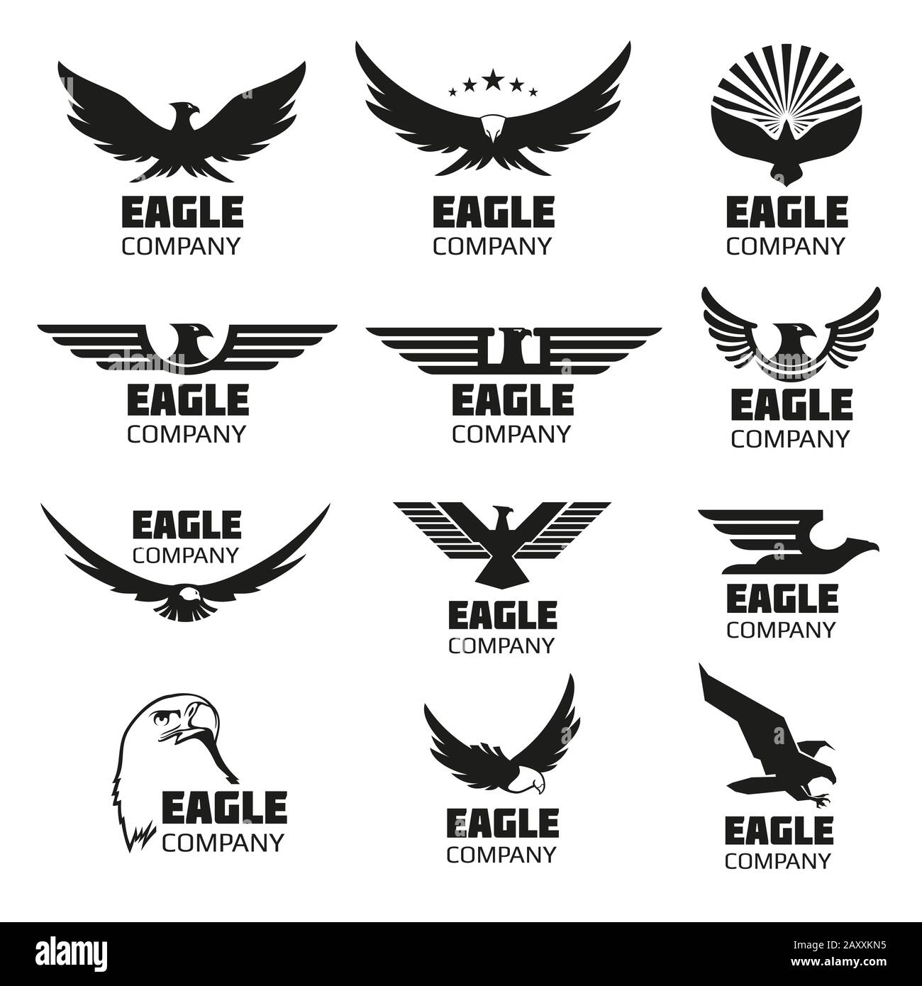 Symboles héraldiques avec silhouettes aigles. Les emblèmes de l'aigle vectoriel ou les logos de l'aigle sont définis pour le logo de l'entreprise ou le logo de la marque avec l'oiseau aigle Illustration de Vecteur
