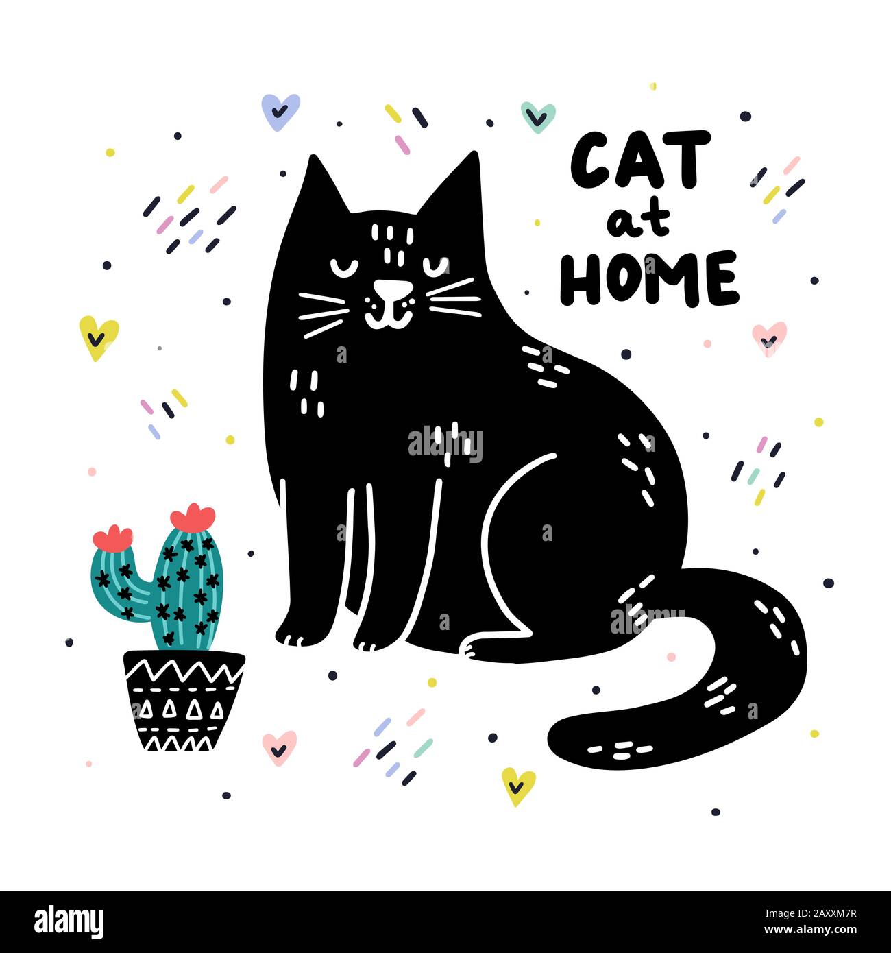 Imprimé chat à la maison avec lettres dessinées à la main Illustration de Vecteur