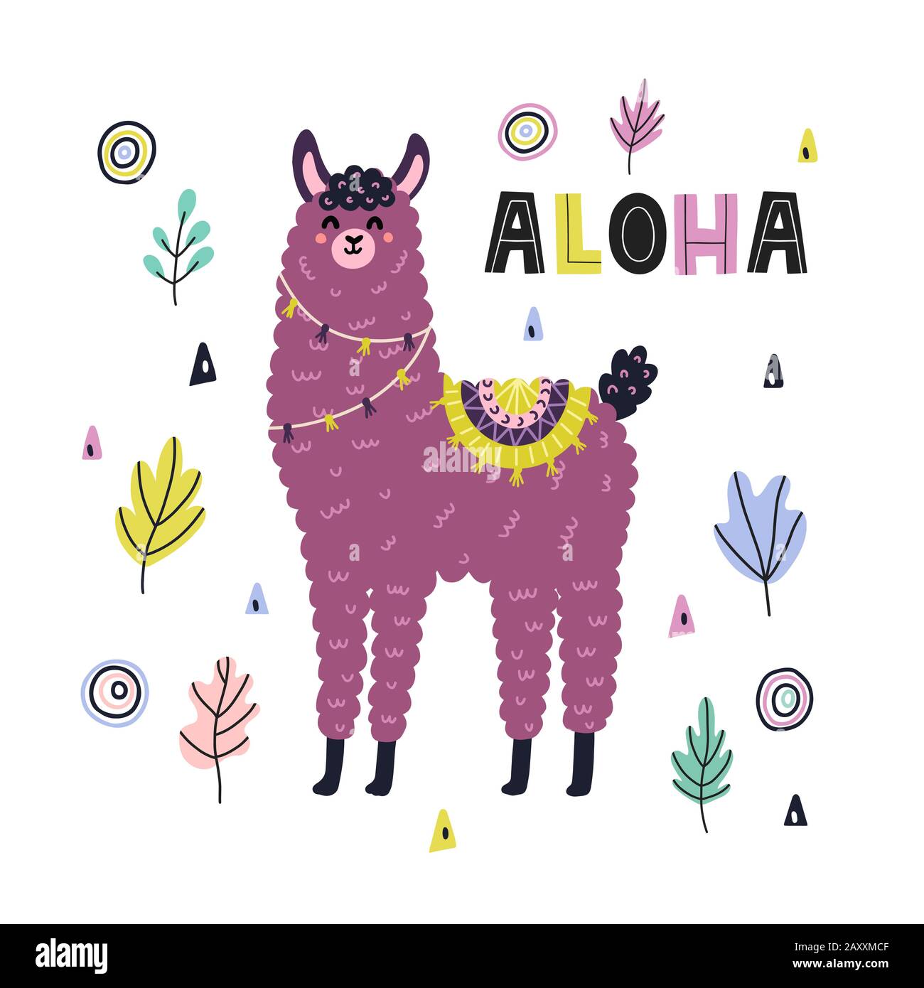 Imprimé Aloha drôle avec un joli lama. Carte avec alpaga dans le style puéril Illustration de Vecteur