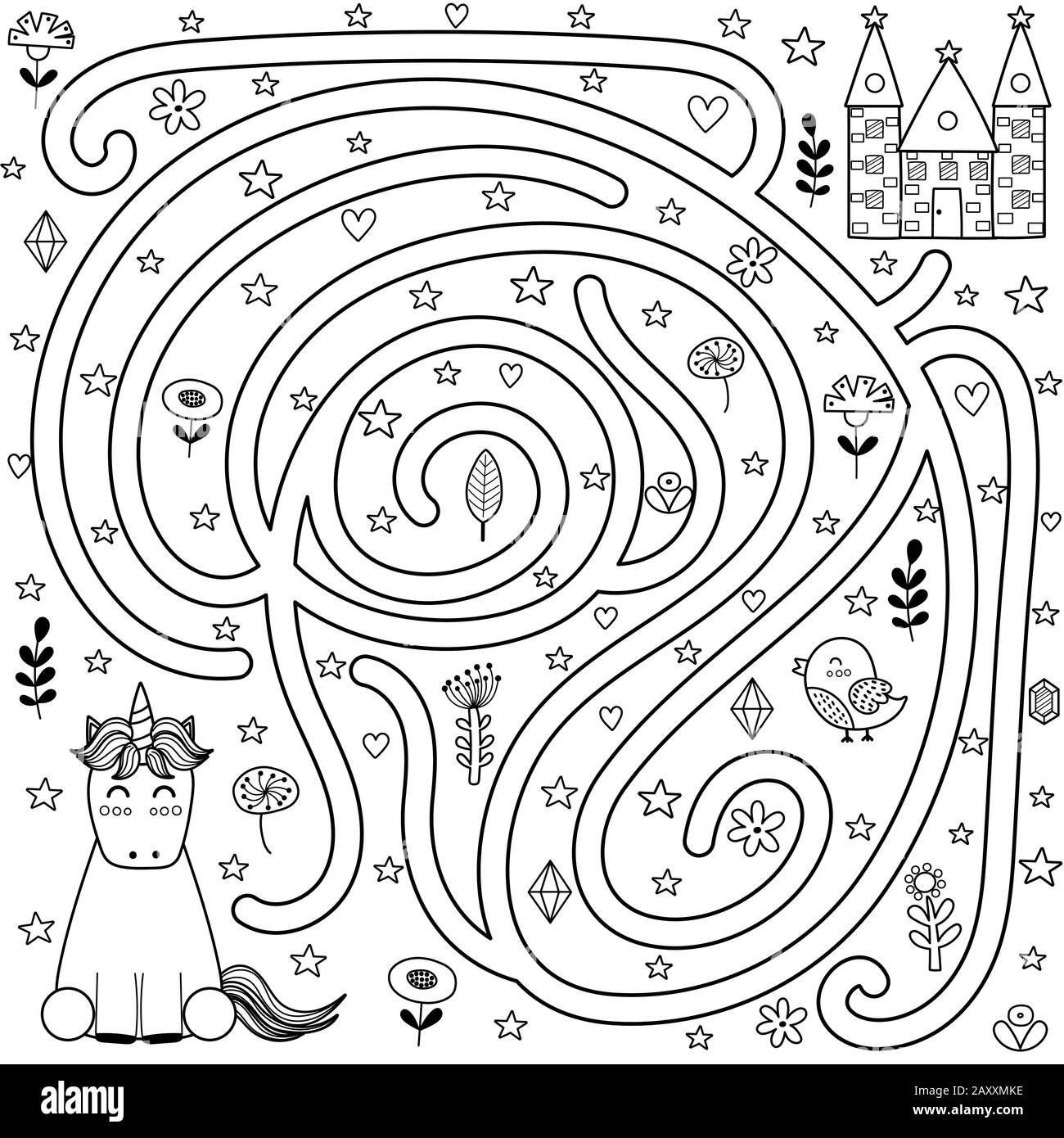 Jeu de labyrinthe noir et blanc et page de coloriage pour les enfants. Aide du logiciel unicorn Illustration de Vecteur