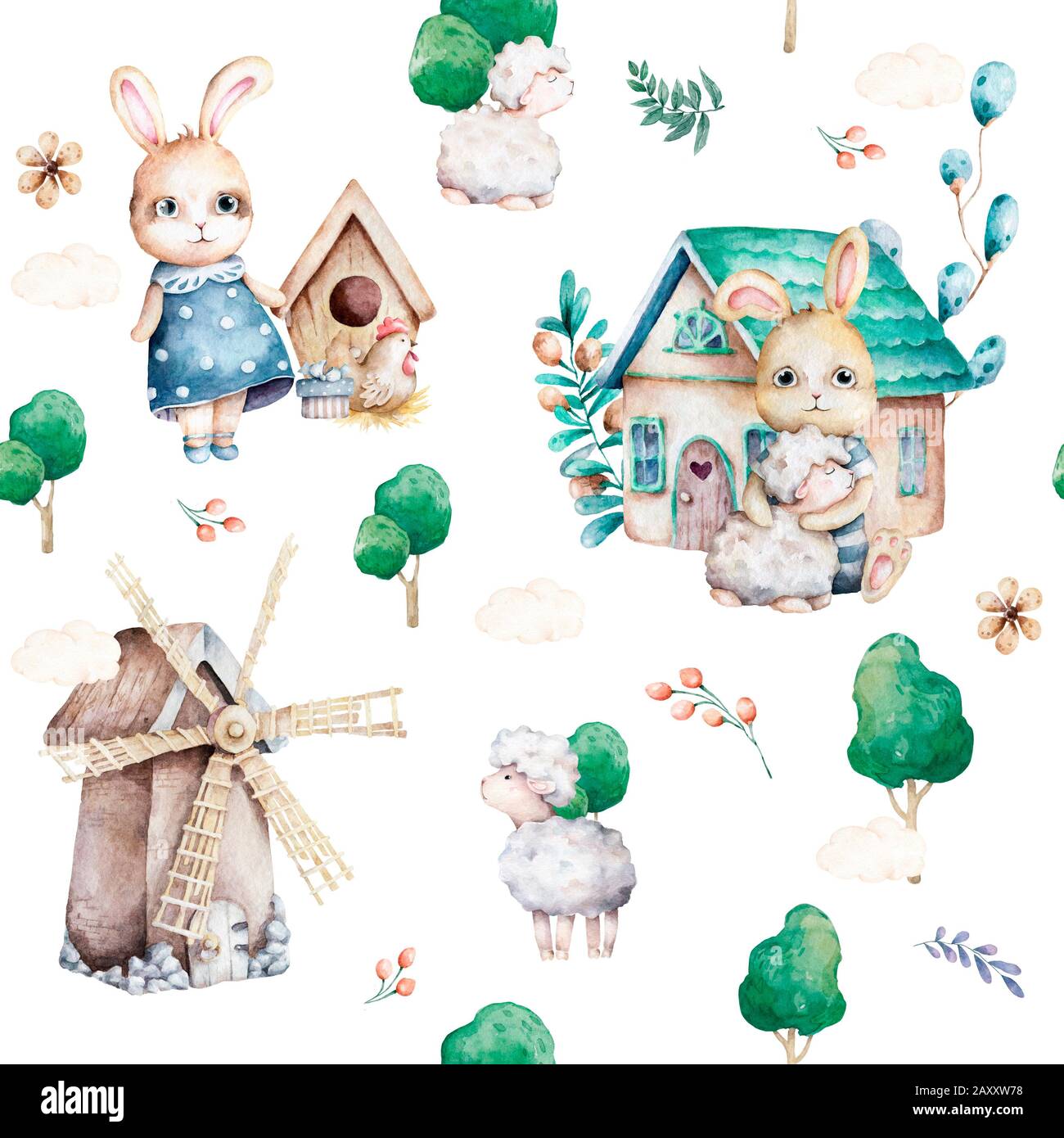 Mignons lapins en forêt. Motif sans coutures pour le printemps, illustration de dessin animé pour vêtements pour enfants. Style Woodland Watercolor. Image boho dessinée à la main pour Banque D'Images