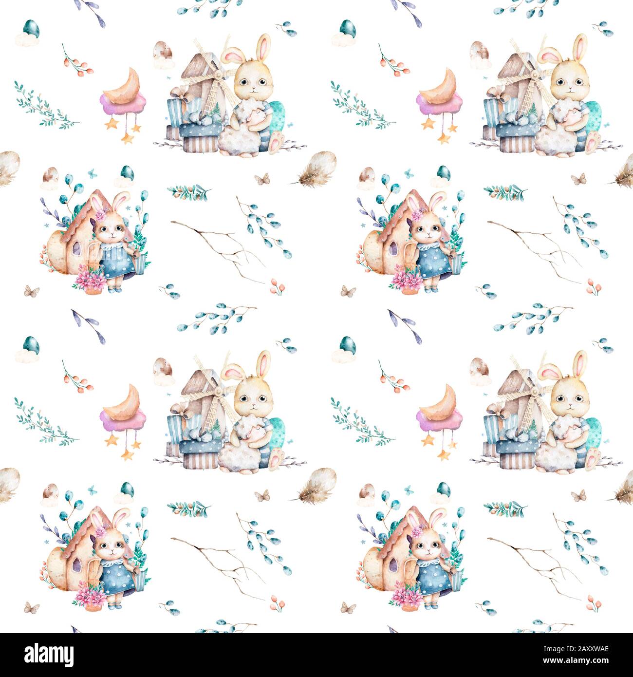 Mignons lapins en forêt. Motif sans coutures pour le printemps, illustration de dessin animé pour vêtements pour enfants. Style Woodland Watercolor. Image boho dessinée à la main pour Banque D'Images