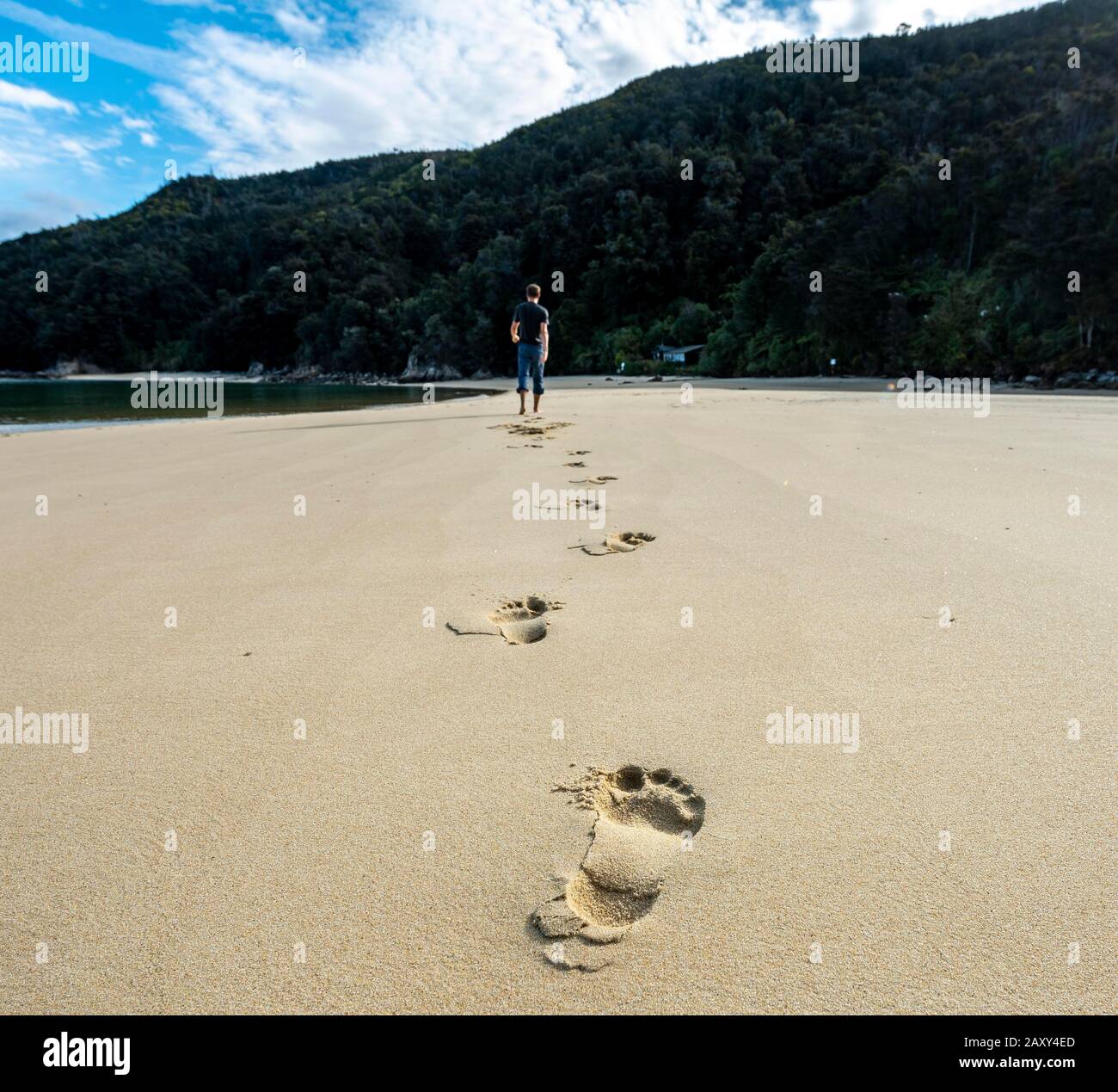 Empreintes dans le sable, jeune homme sur la plage de Stillwell Bay, parc national Abel Tasman, Tasman, île du Sud, Nouvelle-Zélande Banque D'Images