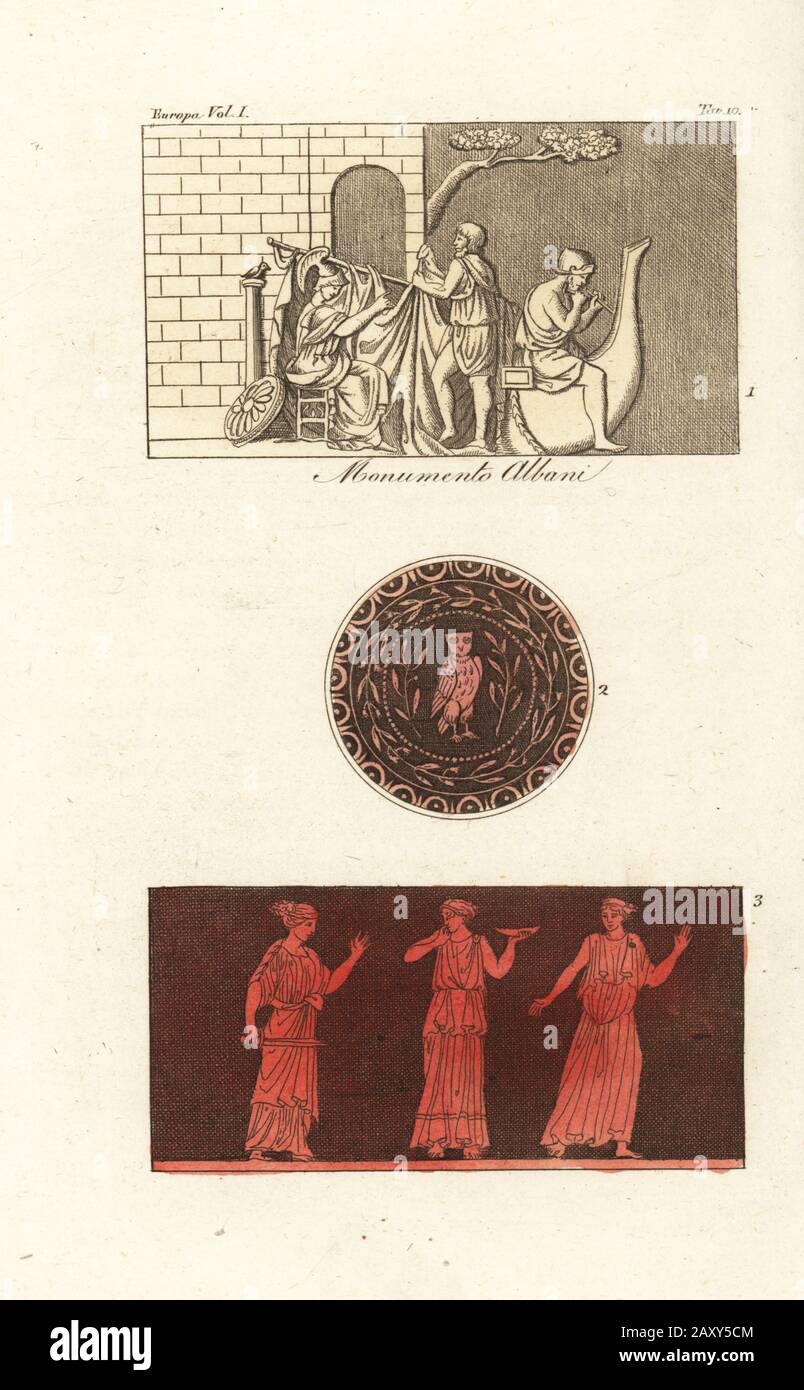 Jason construisant son navire l'Argo avec l'aide de Minerva sur un bas-relief en terre cuite dans la villa du Cardinal Alessandro Albani 1, figure d'une chouette d'un vase grec 2, Et Medea conspirant avec les Peliades pour tuer Pelias d'un vase étrusque dans la collection de Sir William Hamilton 3. Monumento Albani. Gravure en copperplate de couleur à la main par Corsi des costumes de Giulio Ferrario anciens et Modernes des peuples du monde, il Costume Antico e Moderno, Florence, 1842. Banque D'Images