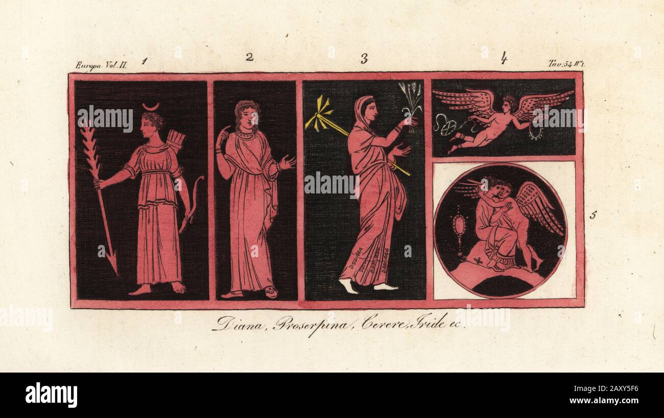 Déesses Anciennes Diana 1, Proserpina 2, Cérès 3, Iris 4, Vénus Et Amor 5. Des vases anciens d'Aubin Louis Millin. Diana, Proserpina, Cerere, Iride, Et C. Gravure en copperplate de couleur à la main des costumes de Giulio Ferrario anciens et Modernes des peuples du monde, il Costume Antico e Moderno, Florence, 1842. Banque D'Images