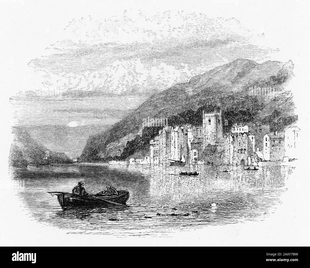 Gravure de Dartmouth, une ville et une paroisse civile dans le comté anglais de Devon. C'est une destination touristique située sur la rive ouest de l'estuaire de la rivière Dart, qui est une longue rame de marée étroite qui coule à l'intérieur des terres jusqu'à Totnes. Banque D'Images