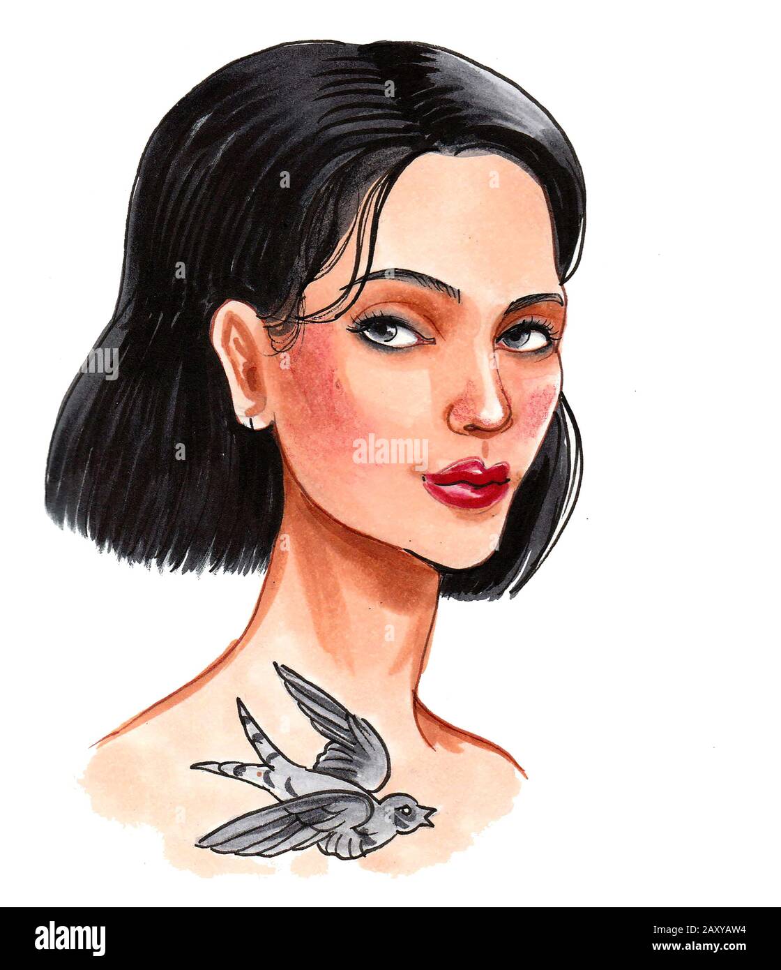 Belle femme avec un tatouage d'oiseau Déglutissant. Illustration encre et aquarelle Banque D'Images