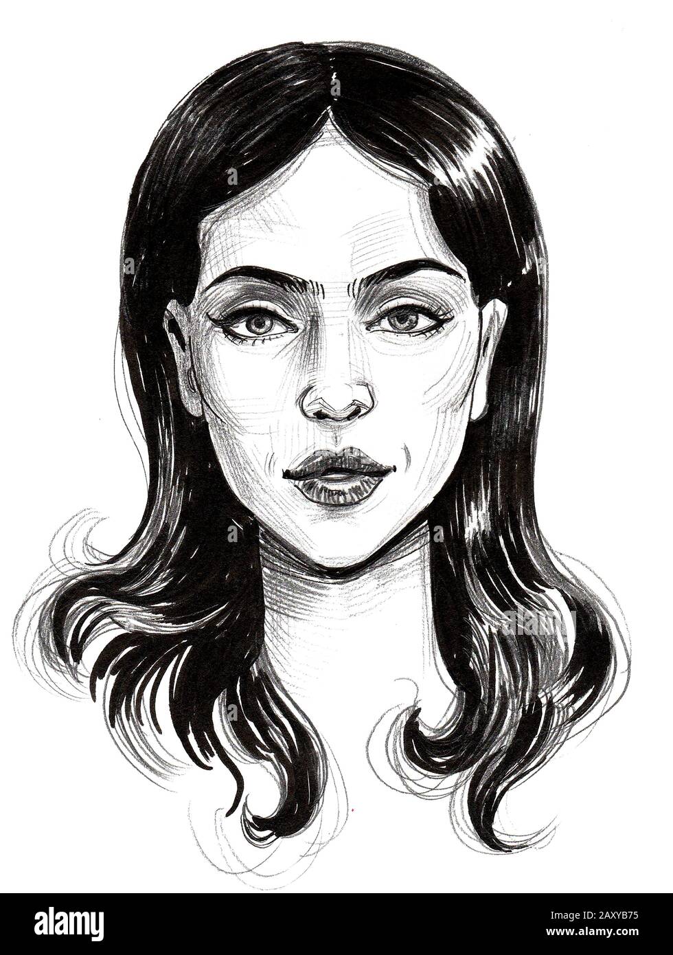 Portrait Femme Noir Et Blanc Dessin Belle visage de femme. Encre dessin noir et blanc Photo Stock - Alamy