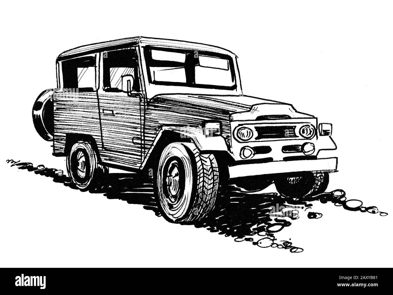 Véhicule tout-terrain vintage. Encre dessin noir et blanc Banque D'Images